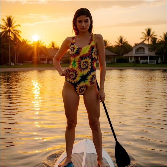 Golden Girl Tie Dye One-Piece Swimsuit S – 90s Spiral Print High Leg Retro Swim - Picture 3 of 5